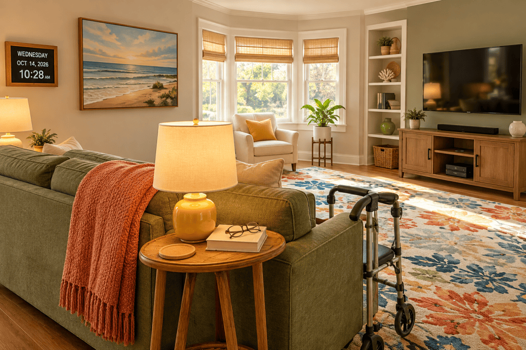A sage-green couch faces a wall-mounted TV in a bright living room with a colorful rug, yellow lamp, rollator walker, digital clock, and beach painting.