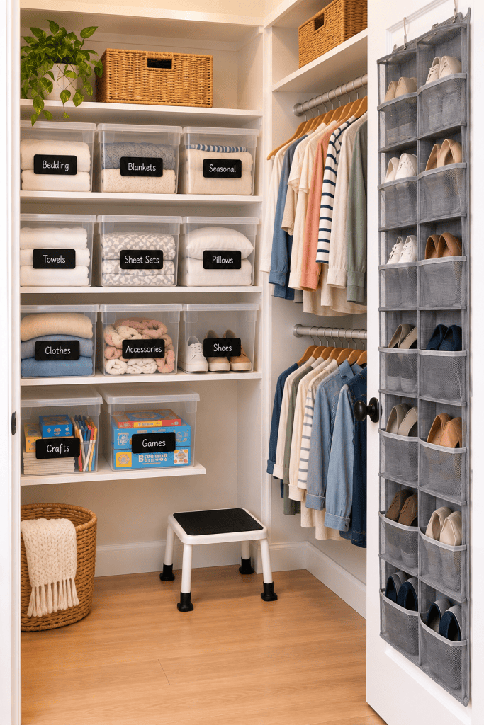 Organized closet with clear labeled storage bins, shorter hanging clothes on two rods, and a gray over-the-door shoe organizer.